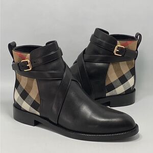 Burberry Pryle House Check & Leather Ankle Boots size 38